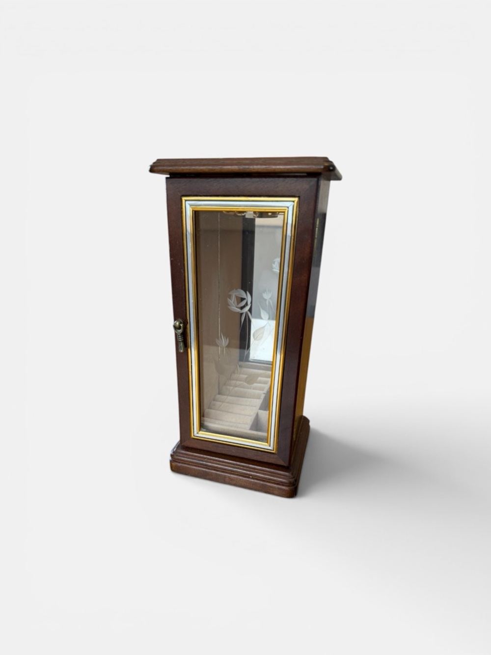 Vintage Wooden Glass Jewelry Cabinet with Etched Door - Brown